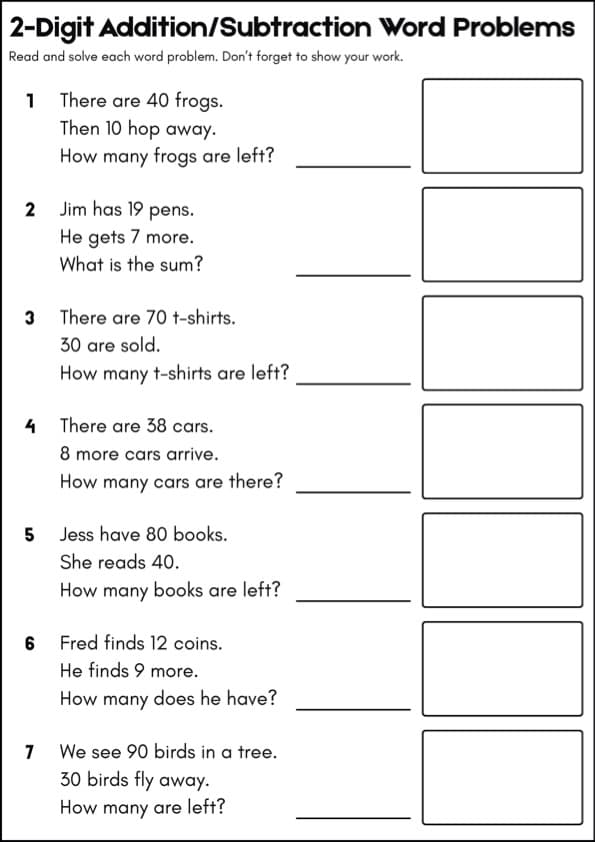 2-Digit Addition and Subtraction Word Problems | 70 Practice Problems | Grade 1-2 Math