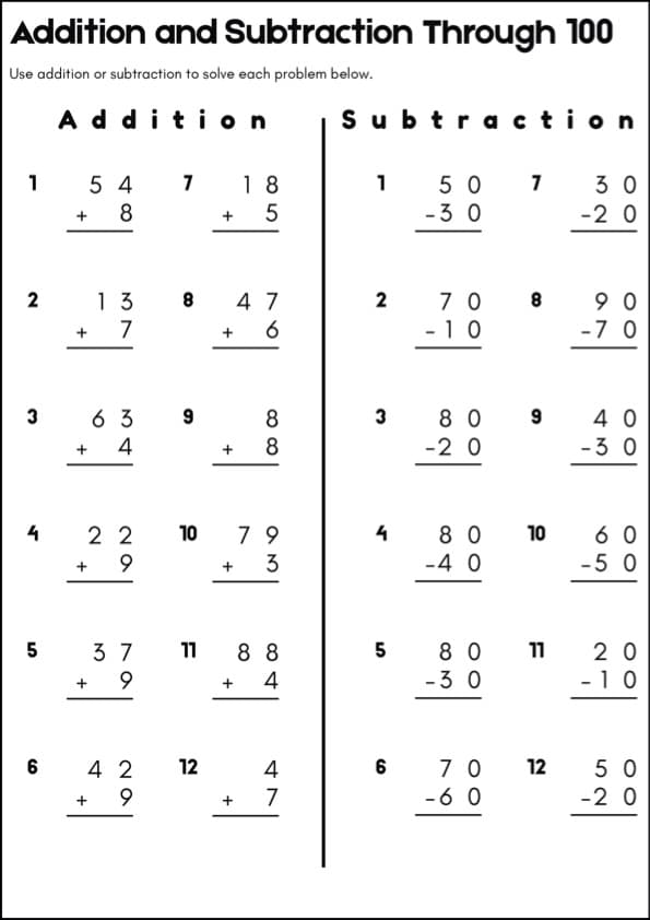 2-Digit Addition and Subtraction Worksheets | 240 Problems to 100 | Grade 1-2 Math