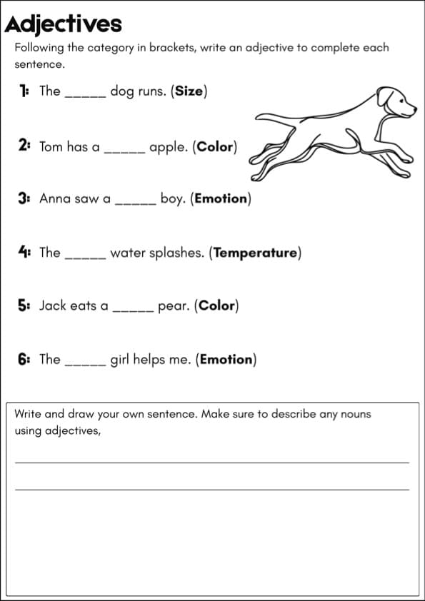 Adjectives Fill in the Blank Worksheets | 60 Sentences by Category | Grade 1 Grammar
