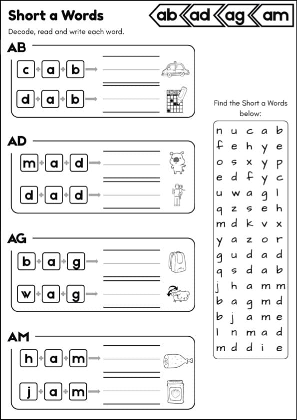 CVC Short Vowel Worksheets | Decode, Read, Write and Word Search | Grade 1 Phonics