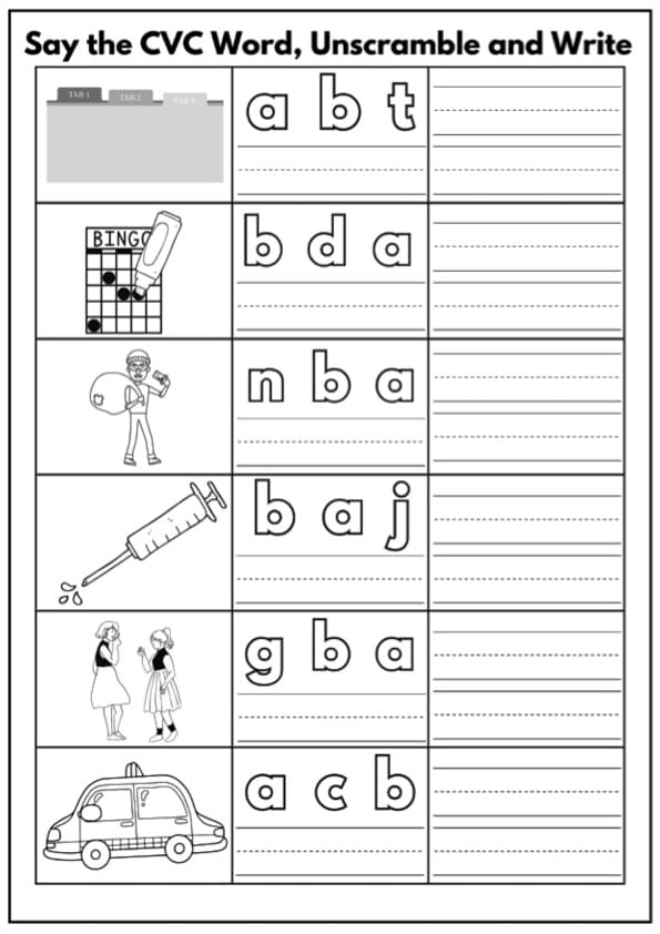 CVC Unscramble and Write Worksheets | Short Vowel Word Building | Grade 1 Phonics