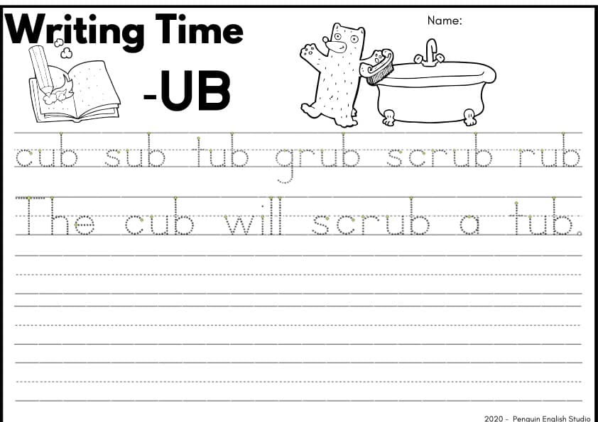 CVC Short U Handwriting Practice | -ub, -ug, -un, -ut Writing Sheets | Grade 1
