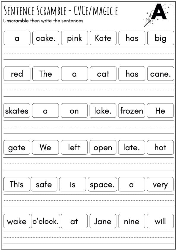 CVCe Magic E Sentence Scramble Worksheets | 48 Sentences | Grade 1 Phonics