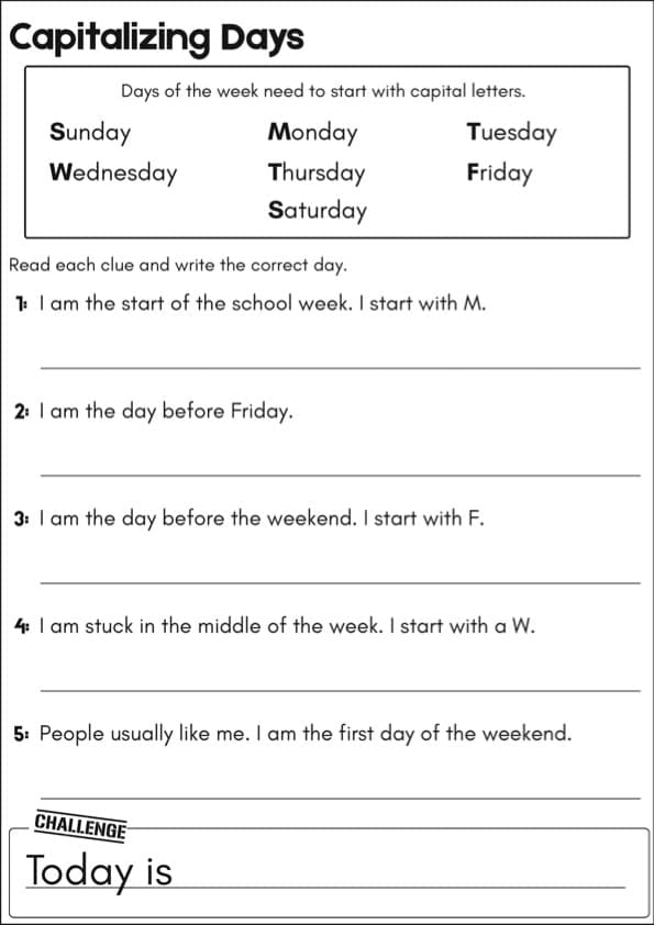 Capitalizing Days and Months Worksheets | 10 Proper Noun Riddle Pages | 1st Grade Grammar