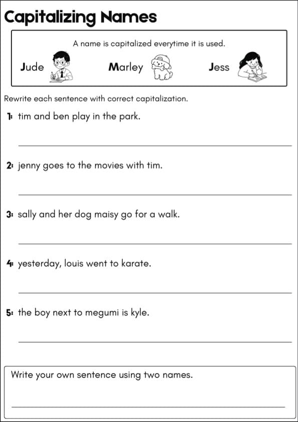 Capitalizing Names Worksheets | Rewrite 50 Sentences with Capital Letters | 1st Grade