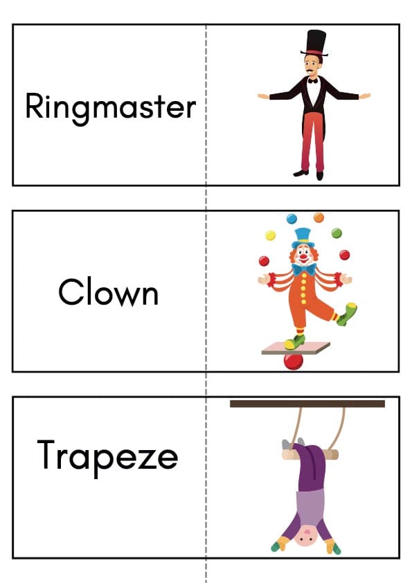 Circus Flash Cards | 29 Circus Vocabulary Words in A4, A5, A6 and A7 Sizes | K-2 ESL