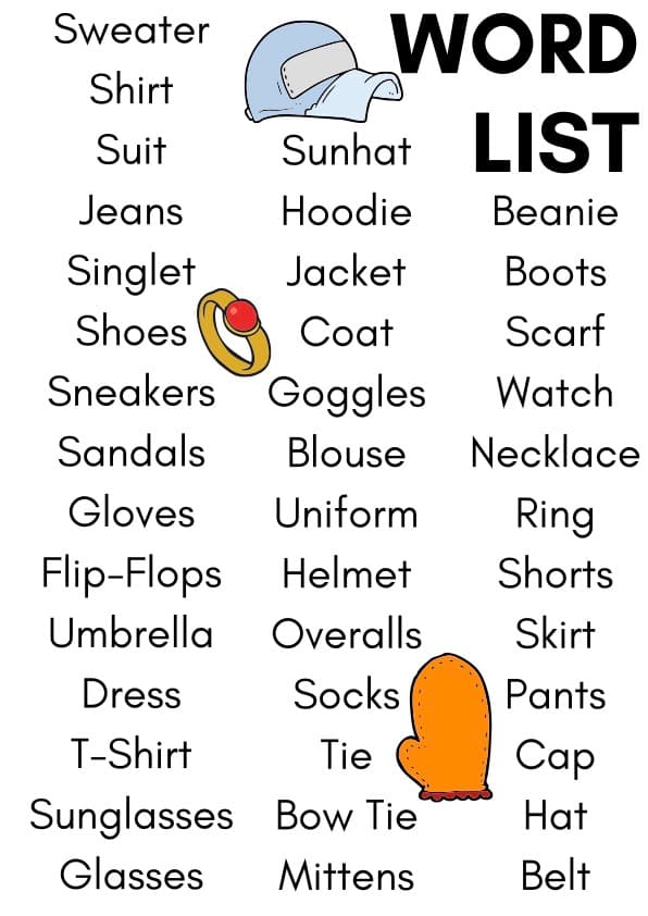 Clothes Flash Cards | 40 Clothing Vocabulary Picture Cards with Word List | Pre-K-1 ESL