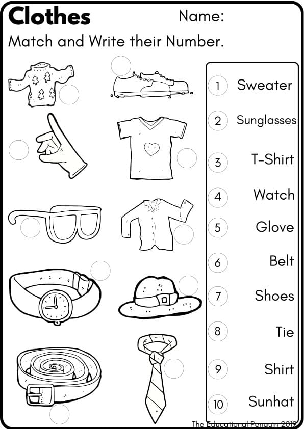 Clothes Vocabulary Worksheets | 18 Matching, Tracing and Cut-and-Paste Pages | 1st Grade ESL