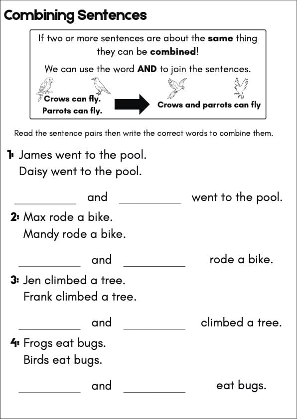 Combining Sentences with And Worksheets | Join Sentence Pairs | 1st Grade Grammar
