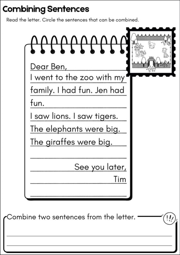 Combining Sentences Worksheets with Friendly Letters and Sentence Groups | 1st Grade Grammar