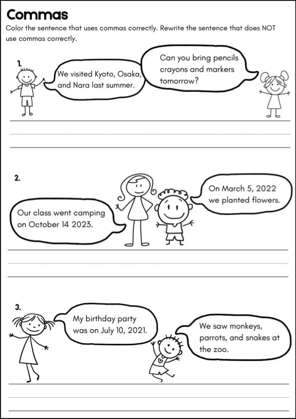 Comma Worksheets for Dates and Lists | Find and Fix Comma Errors | 1st Grade Grammar