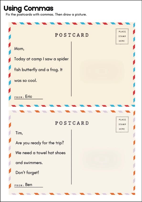 Commas in a List Postcard Worksheets | Fix the Postcard and Draw | 1st Grade Grammar