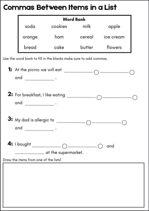 Commas in a List Fill-in Worksheets with Word Banks | 1st Grade Grammar