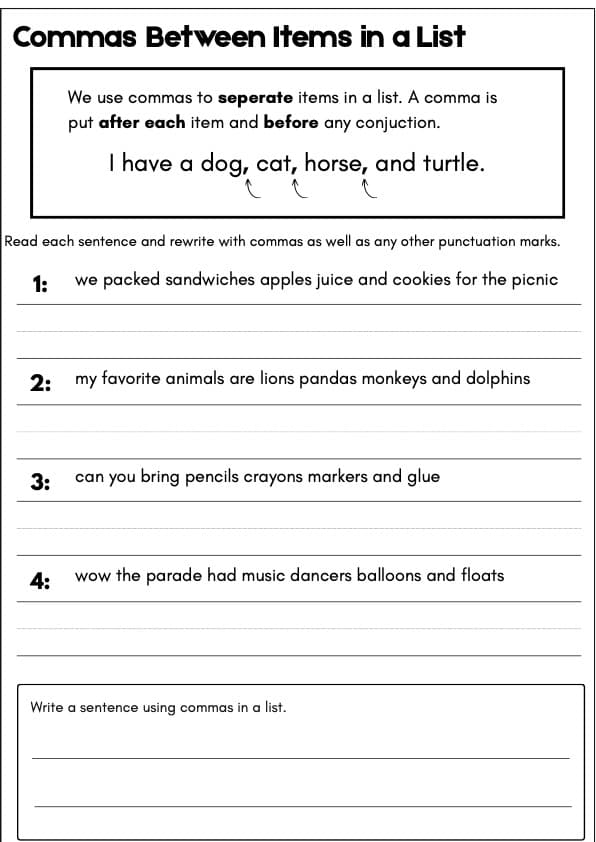 Commas in a List Sentence Rewrite Worksheets | Punctuation and Capitals | 1st Grade Grammar