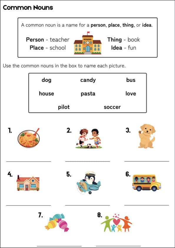 Common Nouns Picture Labeling Worksheets with Word Banks | 1st Grade Grammar