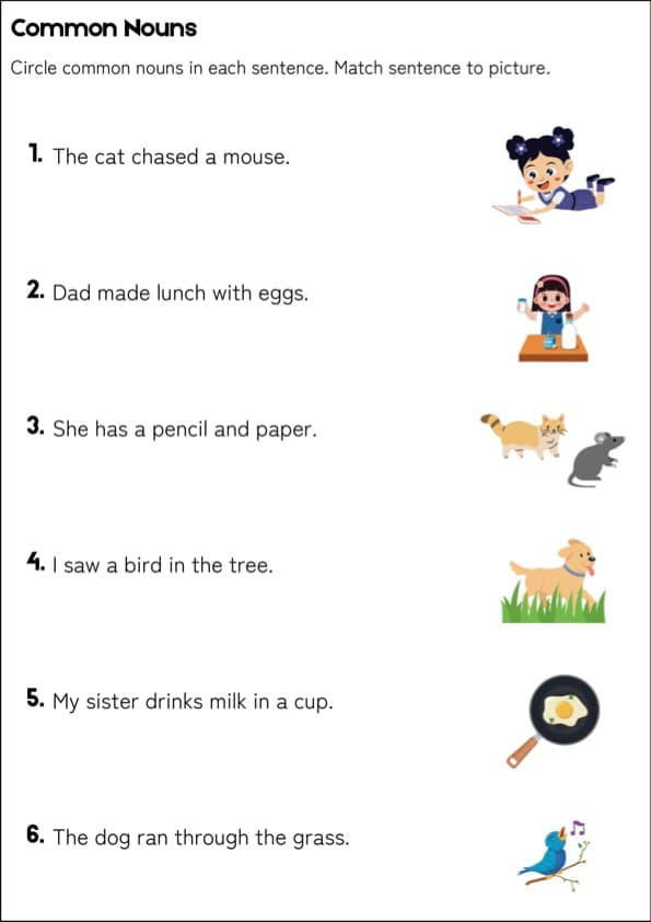 Circle the Common Nouns Worksheets | Read, Circle and Match to Pictures | 1st Grade Grammar