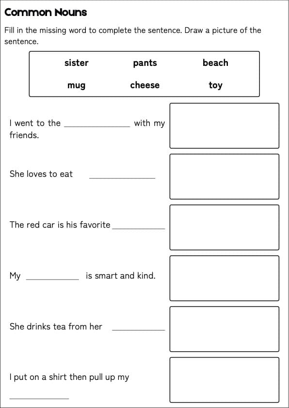 Common Nouns Fill in the Blank Worksheets | Word Bank and Draw | 1st Grade Grammar