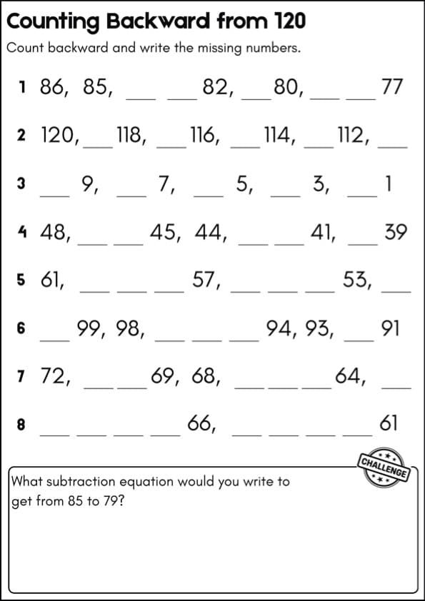 Counting Backward from 120 Missing Numbers Worksheets | 1st Grade Math