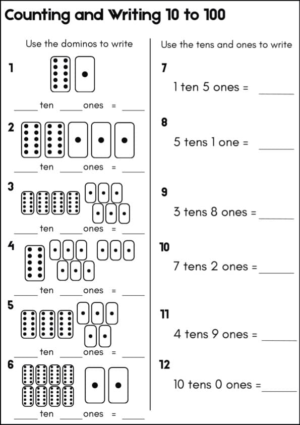 Tens and Ones Place Value Worksheets | Counting and Writing 10 to 100 with Dominoes | 1st Grade Math