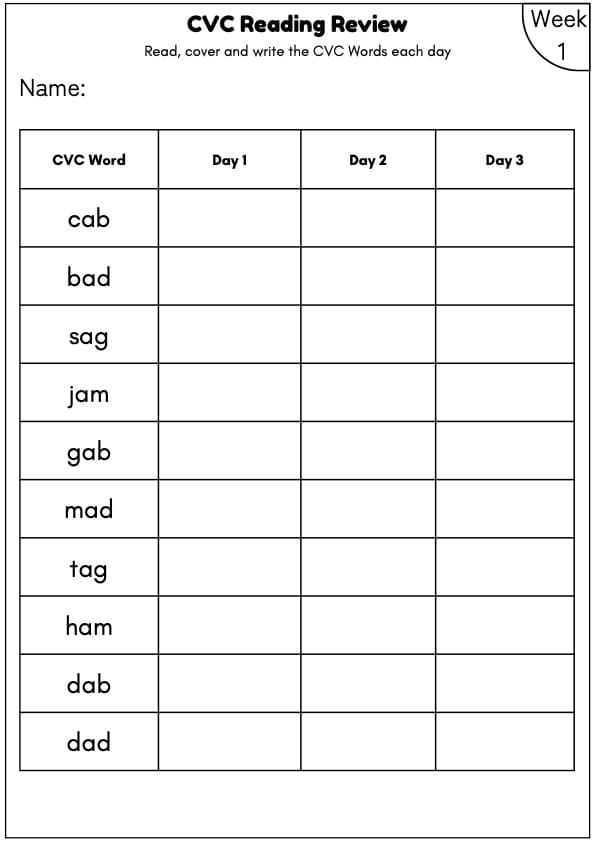 CVC Words Fluency Worksheets | 3-Week Read, Cover, Write Practice | Kindergarten-1st Grade