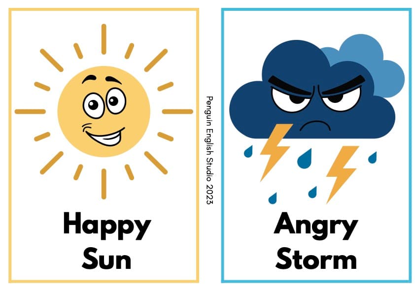 Weather Emotions Flash Cards | 8 Feelings Vocabulary Cards | 1st Grade ESL