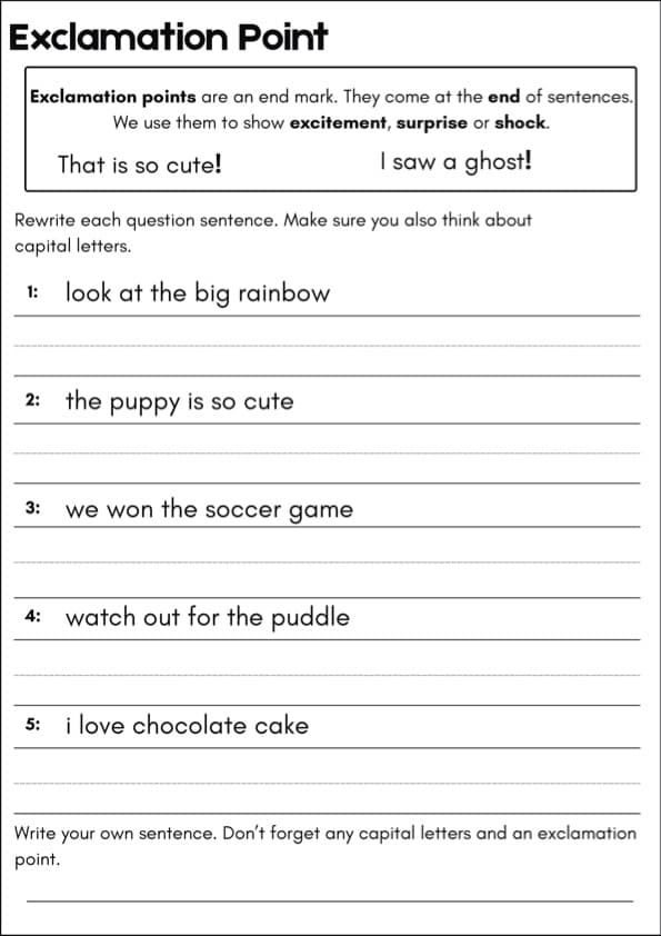 Exclamation Point Worksheets | Rewrite and Write Exclamations | 1st Grade Grammar