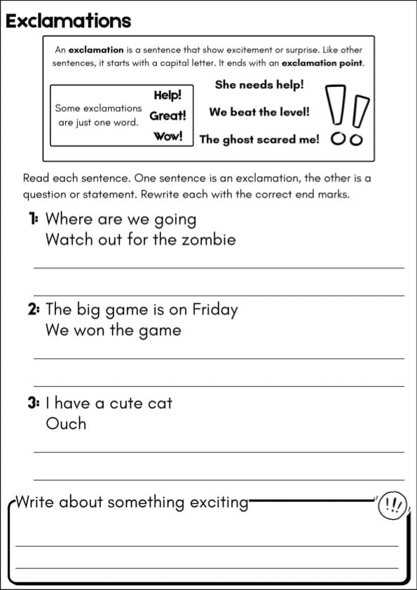 Exclamations vs Statements and Questions Worksheets | Punctuation Sort | 1st Grade Grammar