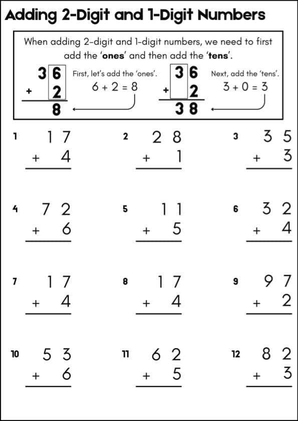 Adding 2-Digit and 1-Digit Numbers Worksheets, No Regrouping | 1st Grade Math