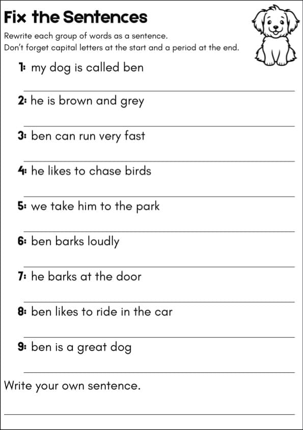 Fix the Sentences Worksheets | Capital Letters and Periods | 1st Grade Grammar