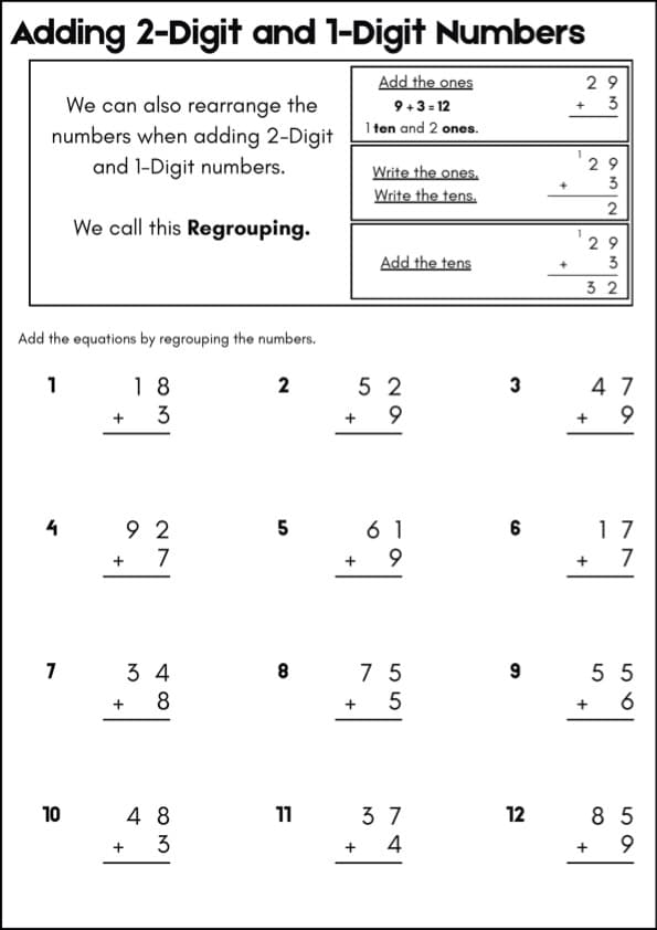 Adding 2-Digit and 1-Digit Numbers Worksheets, With Regrouping | 1st Grade Math