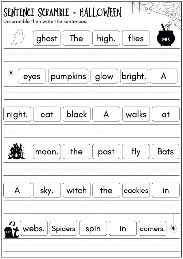 Halloween Sentence Scramble Worksheets | 36 Unscramble and Write Sentences | 1st Grade