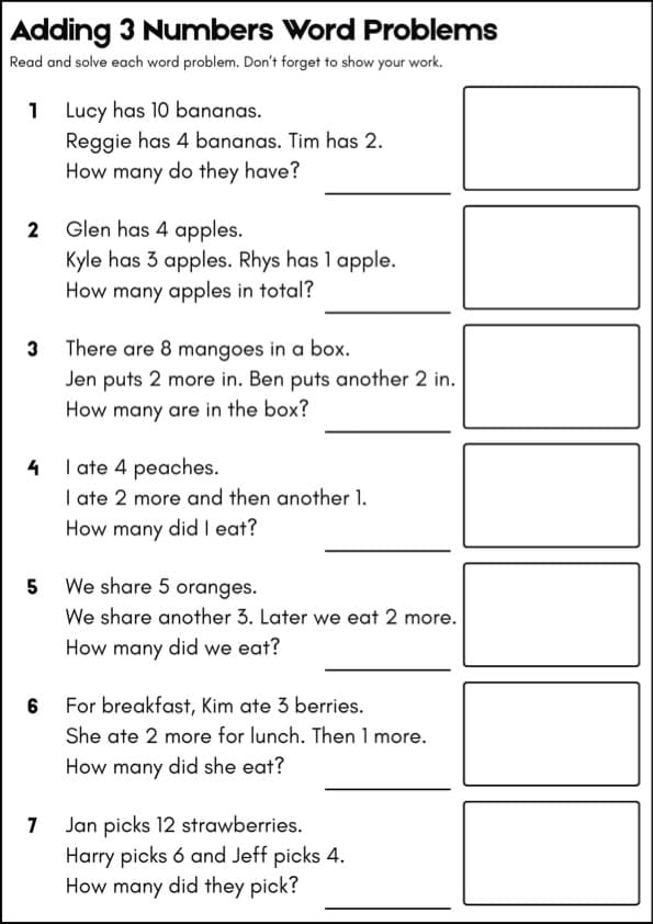 Adding 3 Numbers Word Problems, 10 Themed Pages | 1st Grade Math
