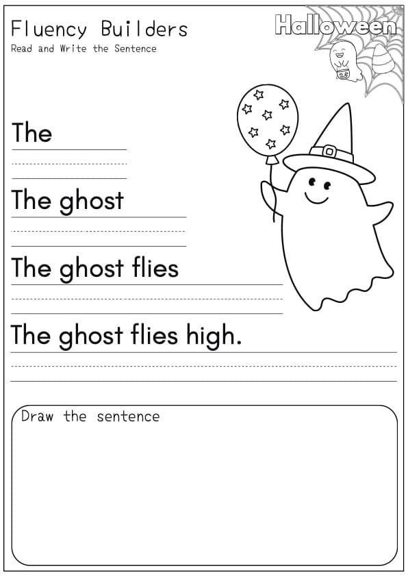 Halloween Fluency Worksheets | 30 Sentence Pyramid Read, Write and Draw Pages | 1st Grade