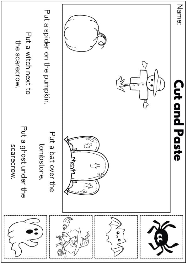 Halloween Prepositions Cut and Paste | Following Directions Worksheets | 1st Grade ESL