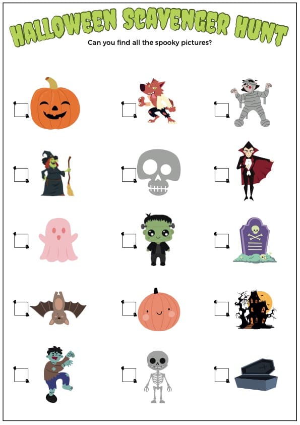 Halloween Scavenger Hunt | 15 Picture Cards and Checklist | Pre-K-K Party Game