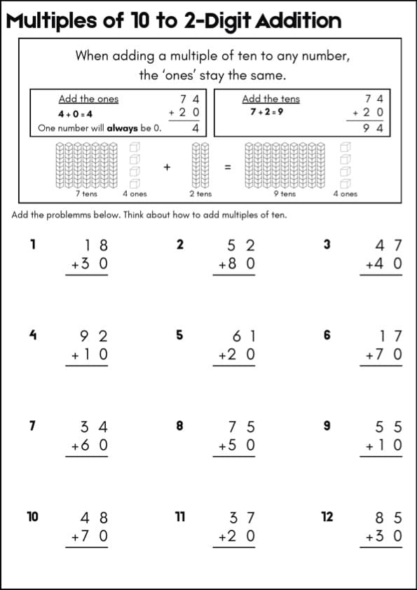Adding Multiples of 10 to 2-Digit Numbers Worksheets | 1st Grade Math