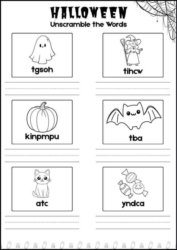 Halloween Word Scramble Worksheets | 60 Unscramble the Words with Pictures | 1st Grade
