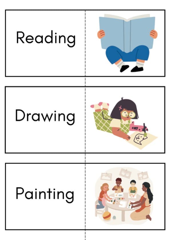 Hobbies Flash Cards | Free Time Activities Vocabulary Cards in 4 Sizes | ESL