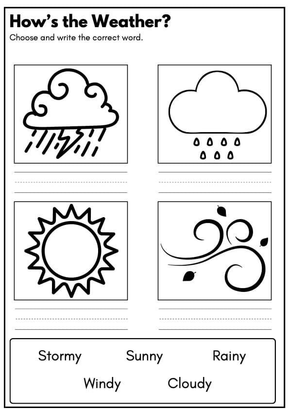 Weather Vocabulary Worksheets | Choose and Write the Weather Word | 1st Grade ESL