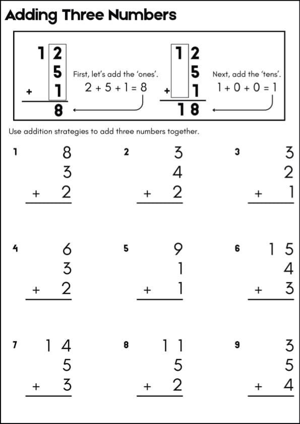 Adding Three Numbers Vertical Addition Worksheets | 1st Grade Math