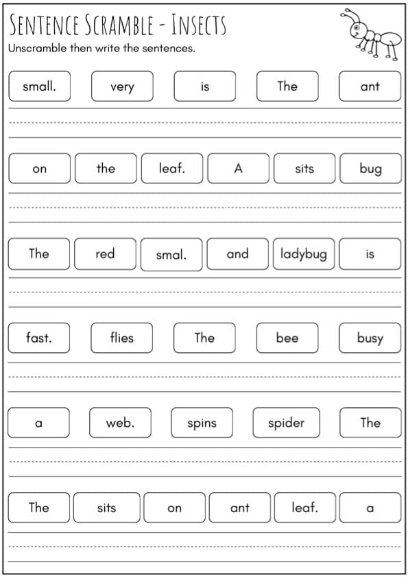 Insect Sentence Scramble Worksheets | 60 Scrambled Sentences About Bugs | 1st-2nd Grade