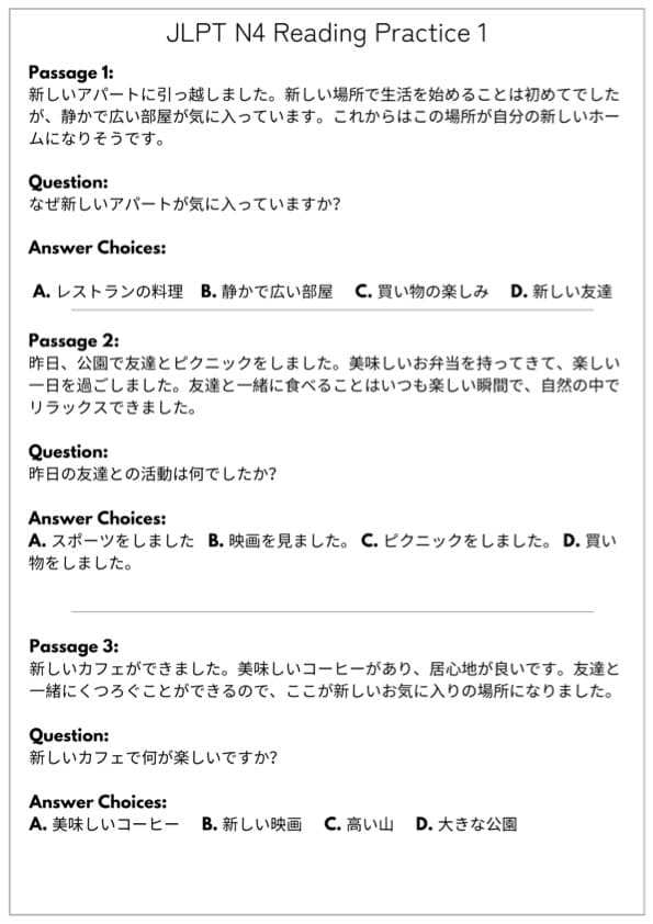 JLPT N4 Reading Practice | 60 Short Japanese Passages with Multiple Choice Questions