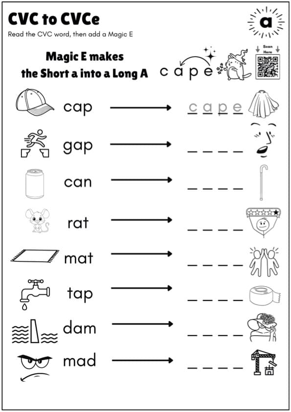 Magic E Long A Worksheets | CVC to CVCe a_e Phonics Activities | 1st Grade ESL