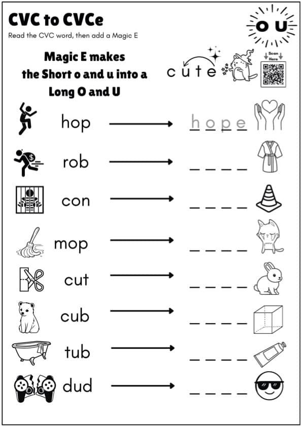 Magic E Long O and Long U Worksheets | o_e and u_e CVCe Phonics | 1st Grade ESL