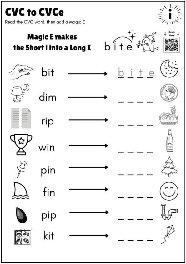 Magic E Long I Worksheets | CVC to CVCe i_e Phonics with QR Audio | 1st Grade ESL