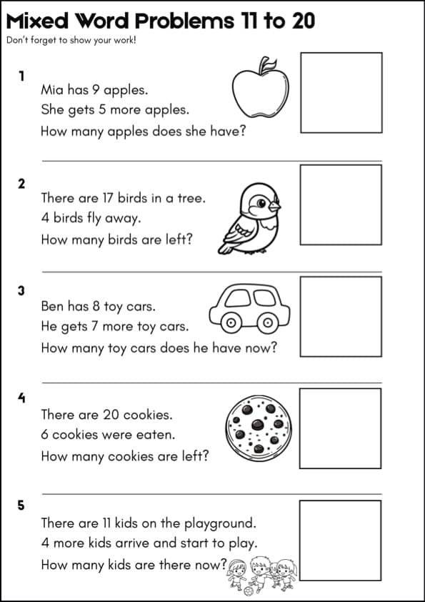 Addition and Subtraction Word Problems Within 20 | 50 Mixed Problems | 1st Grade Math