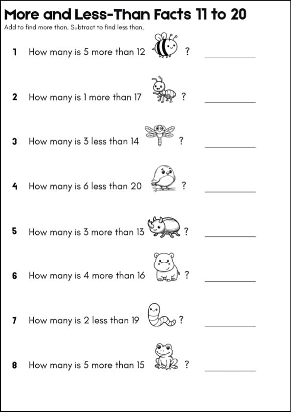 More and Less Than 11-20 Worksheets | 80 Picture Questions | 1st Grade Math