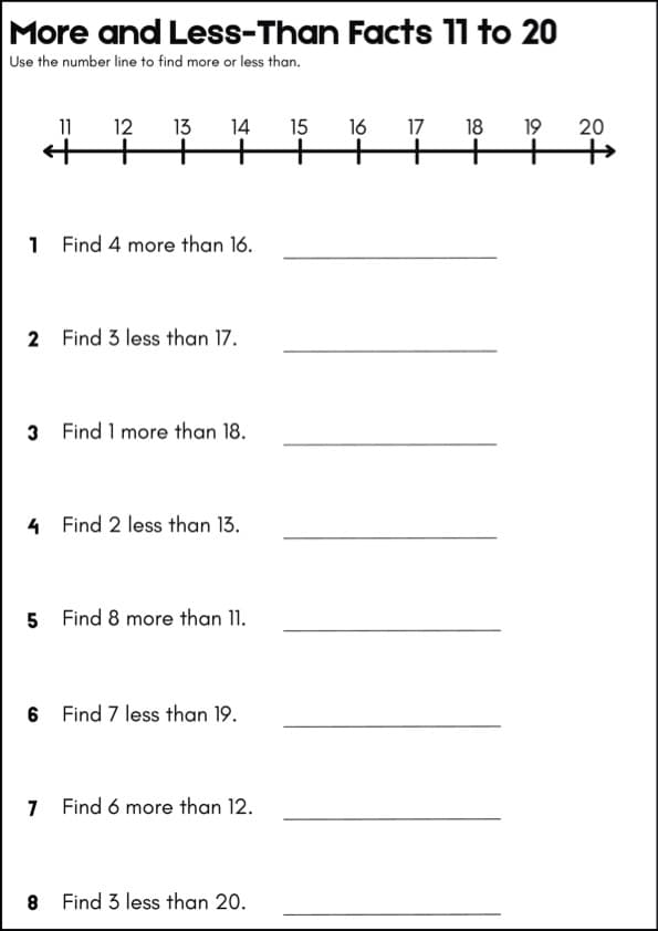 More and Less Than 11 to 20 Number Line Worksheets | 1st Grade Math