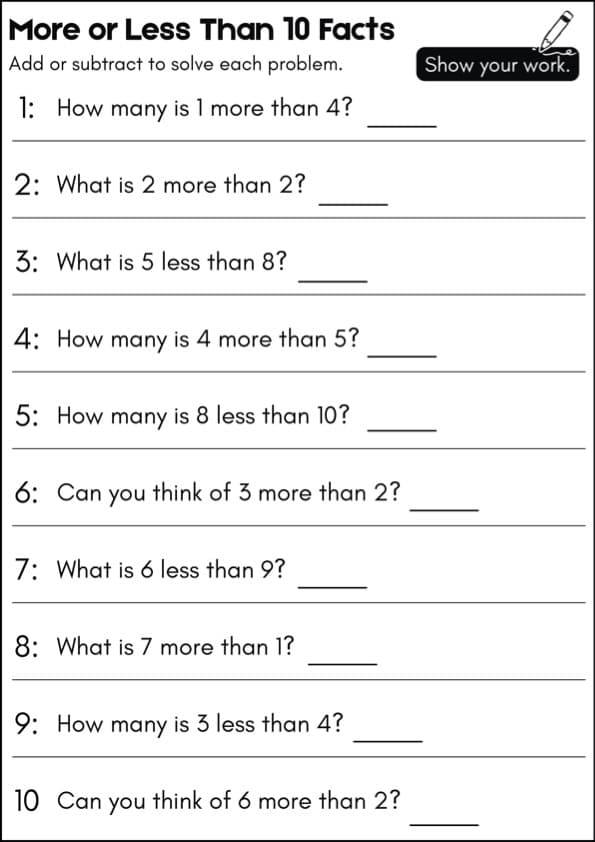 More or Less Than Within 10 Worksheets | 100 Addition and Subtraction Facts | K-1st Grade Math