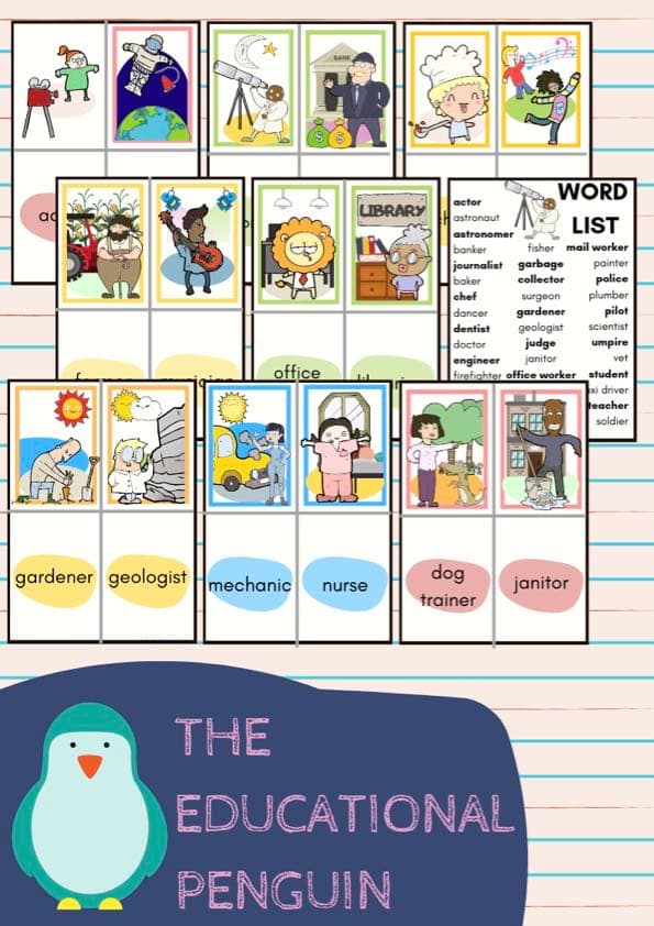 Community Helpers Flash Cards | 38 Jobs and Occupations Picture and Word Cards | Pre-K-1st Grade ESL Vocabulary